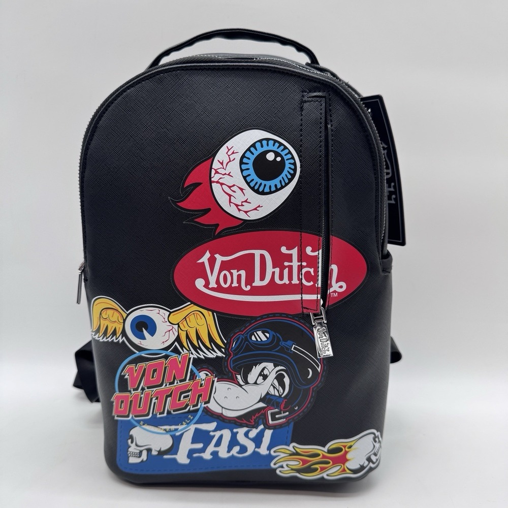 Von Dutch Sticker Logo Backpack Black Faux Leather Y2K VDKBP-028 NWT